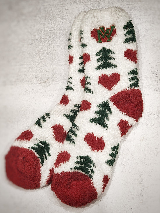 Load image into Gallery viewer, MV Holiday Fuzzy Socks (hearts and trees)
