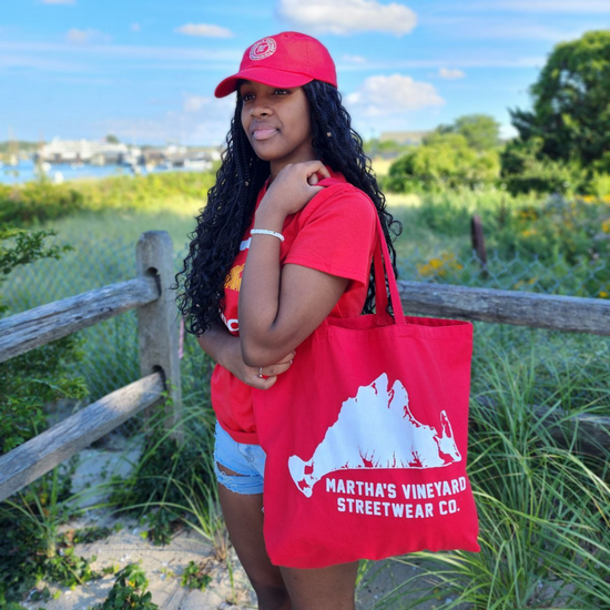 girl with red tote bag marthas vineyard